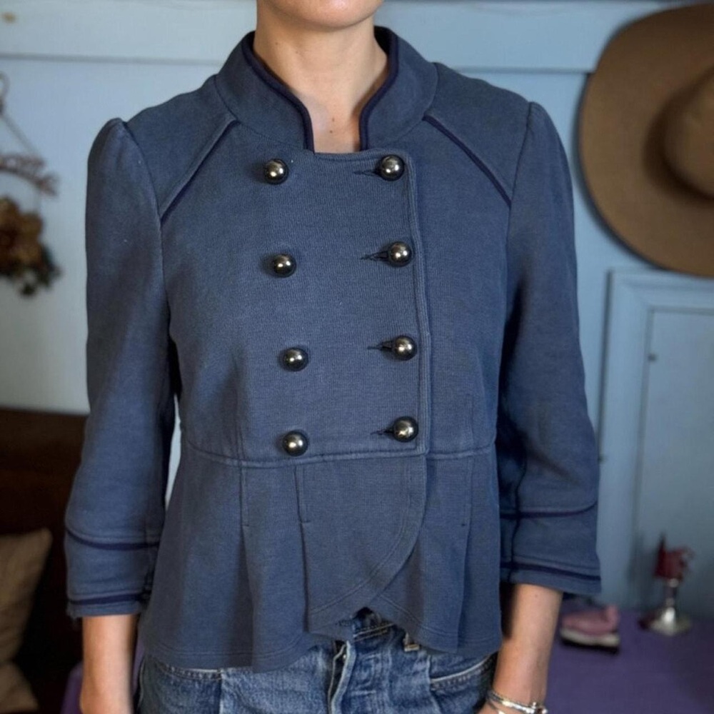 Free People Navy Peplum Double-Breasted Blazer